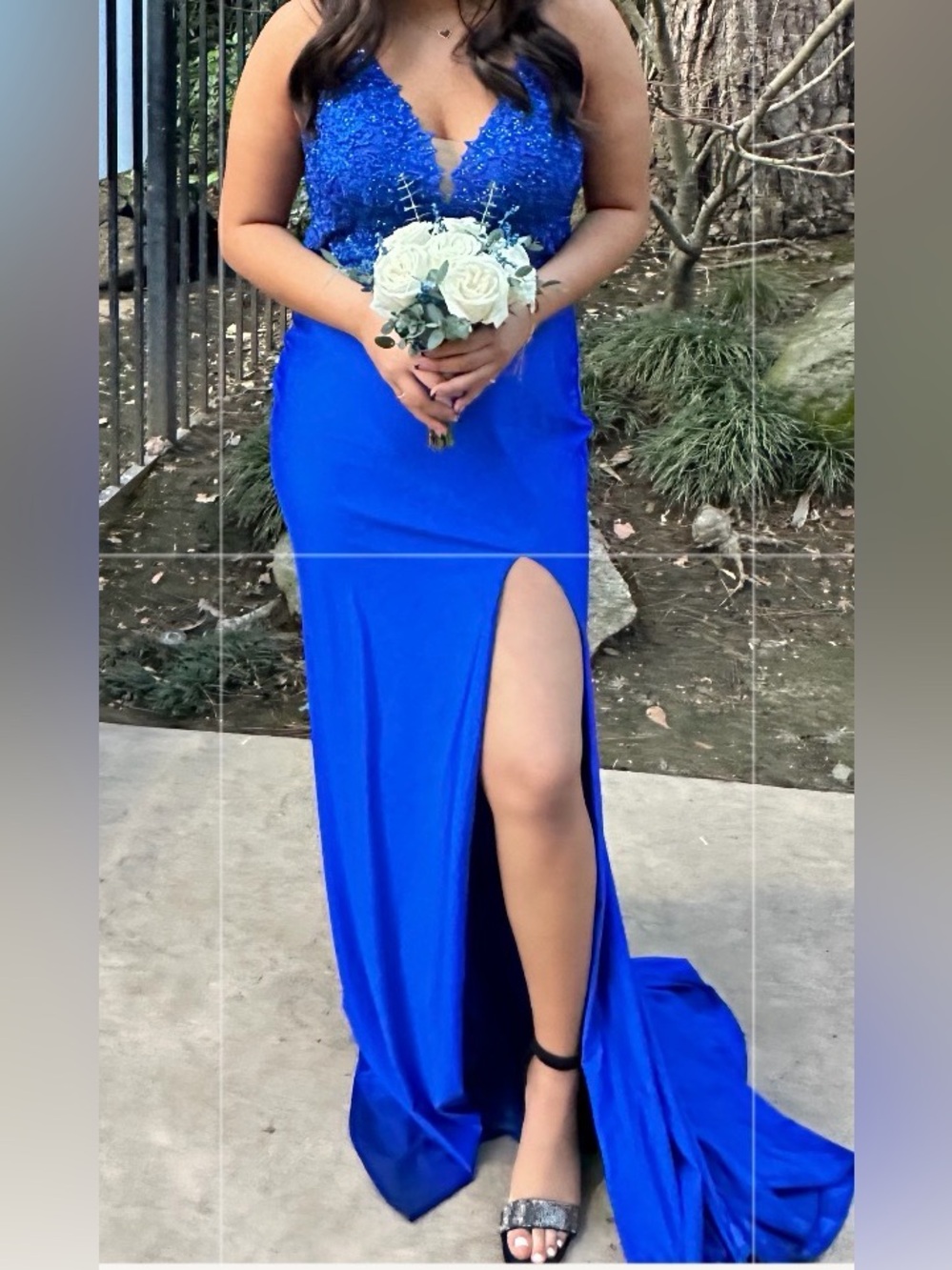 Royal Blue Beaded Spaghetti-Strap Prom Gown
